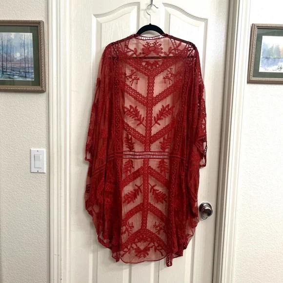 Lace Red Rust Oversized Duster Kimono One Size Fits All - Picture 4 of 8